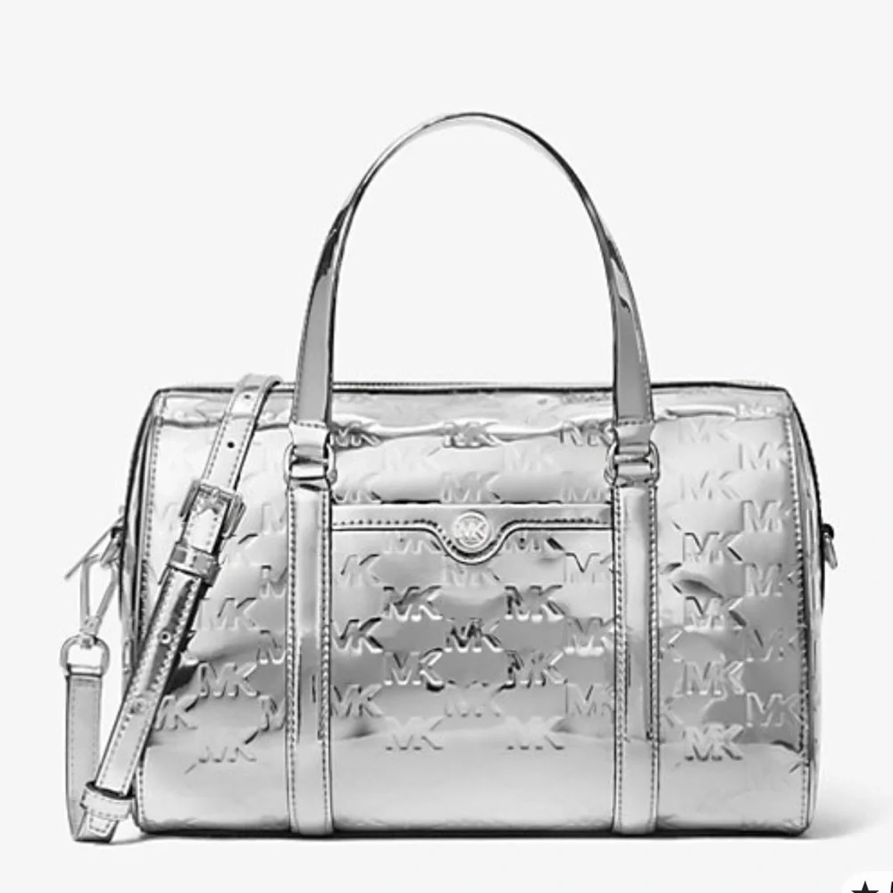 MICHAEL KORS Jet Set Medium Patent Logo Debossed Duffel Crossbody Bag Silver NWT